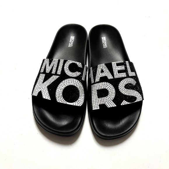 NWOB MICHAEL KORS Rhinestone Slide Sandals Black Sparkle Flats Rubber - Picture 2 of 10